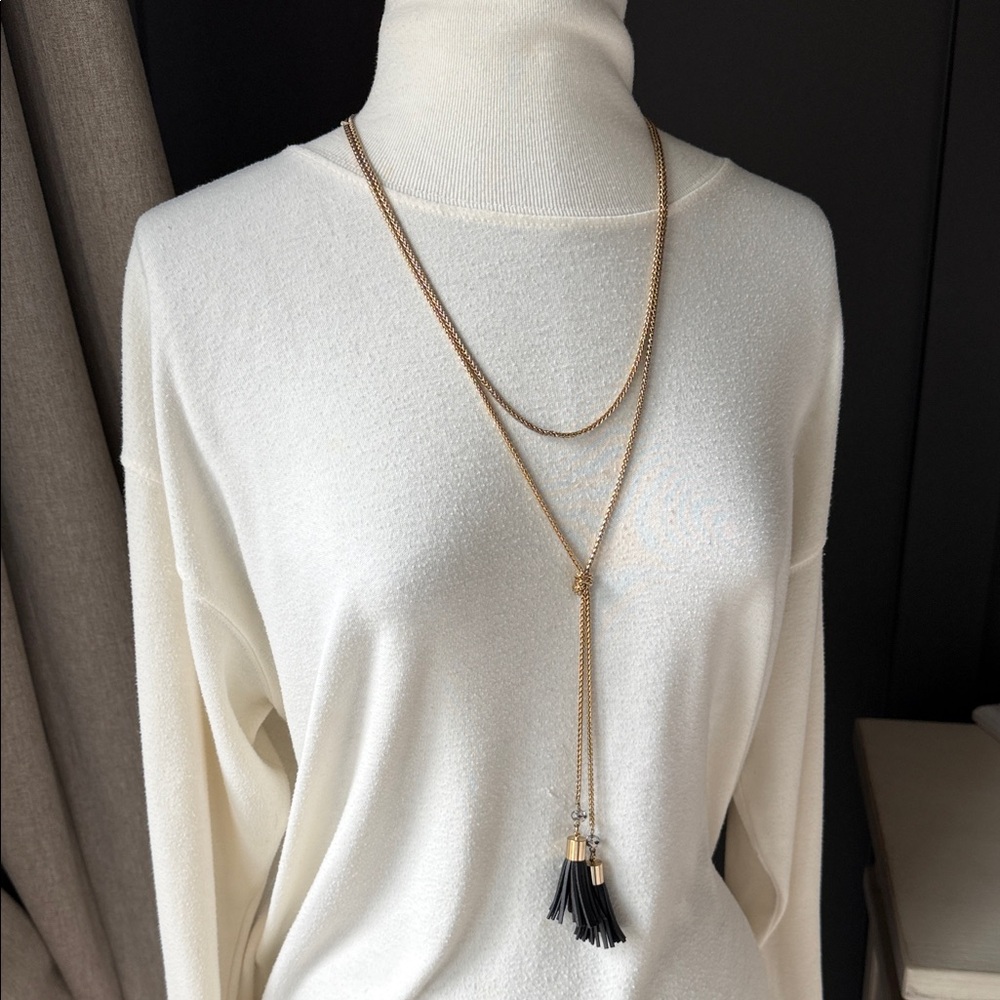 The Limited‎ Dual Chain Gold and Black Long Leather Tassle Necklace with beads